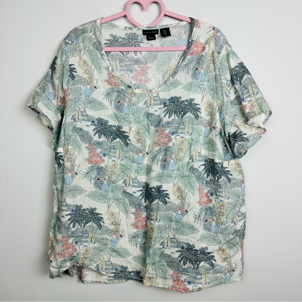 Tahari Women's Tropical Print Blouse - Green, Blue, White Size 1X